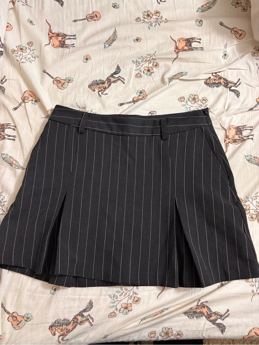 Black Pinstripe Mini Skirt with Pleated Front